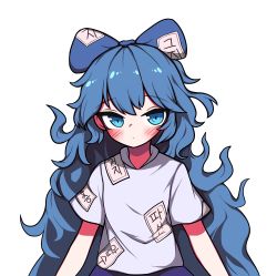 Rule 34 | 1girl, absurdres, blue bow, blue eyes, blue hair, blue skirt, blush, bow, grey shirt, hair bow, hh, highres, korean text, long hair, looking at viewer, messy hair, ringed eyes, shirt, short sleeves, simple background, skirt, solo, touhou, upper body, white background, yorigami shion