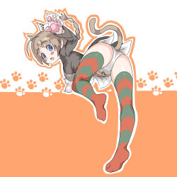 Rule 34 | 00s, 1girl, animal ears, animal hands, ass, bad id, bad pixiv id, braid, cat paws, light brown hair, lynette bishop, multicolored clothes, multicolored legwear, panties, pzk1, single braid, smile, solo, strike witches, striped clothes, striped thighhighs, tail, thighhighs, underwear, world witches series