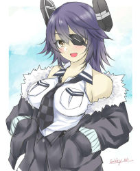 Rule 34 | 1girl, artist name, bare shoulders, black jacket, breasts, checkered necktie, dated, eyepatch, fur-trimmed jacket, fur trim, gakky, hands in pockets, headgear, jacket, kantai collection, large breasts, looking at viewer, necktie, one-hour drawing challenge, open mouth, purple hair, short hair, smile, solo, tenryuu (kancolle), tenryuu kai ni (kancolle), yellow eyes