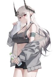 Rule 34 | 1girl, absurdres, arknights, bandaged arm, bandages, bare shoulders, black choker, black shorts, bottle, breasts, choker, cleavage, collarbone, commentary, cowboy shot, double-parted bangs, ear piercing, gradient hair, grey hair, grey horns, grey jacket, grey sports bra, hair between eyes, highres, holding, holding bottle, holding towel, horns, jacket, large breasts, long hair, long sleeves, looking at viewer, midriff, mudrock (arknights), multicolored hair, navel, off shoulder, parted lips, piercing, pointy ears, puffy long sleeves, puffy sleeves, red eyes, ryo e, short shorts, shorts, simple background, sleeves past wrists, solo, sports bra, sweat, towel, two-tone hair, water bottle, white background, white hair