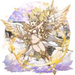 Rule 34 | 1girl, alternate hair color, armpits, blonde hair, bra, breasts, brown wings, cleavage, feathered wings, feathers, floating hair, full body, gluteal fold, green eyes, hair between eyes, highres, holding, holding polearm, holding weapon, leafa, long hair, looking at viewer, low wings, medium breasts, midriff, multicolored wings, navel, official art, outstretched arm, panties, polearm, solo, stomach, strapless, strapless bra, sword art online, thigh gap, transparent background, underwear, very long hair, weapon, white bra, white feathers, white panties, white wings, wings