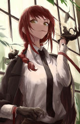 Rule 34 | 1girl, black necktie, braid, braided ponytail, breasts, buttoned cuffs, buttons, chainsaw man, collared shirt, formal, gloves, highres, long hair, long sleeves, looking at viewer, makima (chainsaw man), melt (ghfla10), mouse (animal), mouth hold, necktie, plant, red hair, ringed eyes, shirt, smile, solo, suit, white shirt, window, yellow eyes