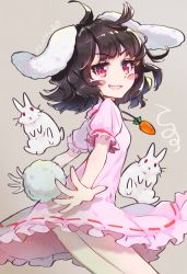 Rule 34 | 1girl, :3, :x, ahoge, animal ears, black hair, blush stickers, breasts, carrot necklace, commentary request, cowboy shot, dated, dress, grey background, grin, highres, inaba tewi, jewelry, looking at viewer, necklace, pink dress, puffy short sleeves, puffy sleeves, rabbit, rabbit ears, rabbit girl, rabbit tail, red eyes, short hair, short sleeves, simple background, small breasts, smile, solo, syuri22, tail, thighs, touhou, v-shaped eyebrows