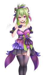 Rule 34 | 1girl, :d, absurdres, alternate costume, aoikito lavender086, arm behind back, bare shoulders, black choker, black thighhighs, bridal gauntlets, choker, collarbone, commentary request, detached sleeves, dress, eyeshadow, frilled dress, frills, garter straps, genshin impact, green hair, hair between eyes, hair ornament, highres, kuki shinobu, leaning forward, long hair, looking at viewer, makeup, open mouth, ponytail, purple eyes, short sleeves, side slit, sidelocks, signature, simple background, smile, solo, strapless, strapless dress, thighhighs, white background