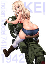 Rule 34 | 1girl, :d, american flag bikini, american flag print, ass, bikini, bikini top only, blonde hair, blue eyes, boots, breasts, butt crack, character name, denim, denim shorts, flag print, from behind, girls und panzer, kamogawa tanuki, kay (girls und panzer), large breasts, long hair, looking back, motor vehicle, motorcycle, on motorcycle, open mouth, parted bangs, print bikini, short shorts, shorts, simple background, skindentation, smile, solo, star (symbol), swimsuit, thighhighs, thighs, white background, white thighhighs