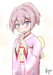 Rule 34 | 1girl, akashieru, alternate costume, blue eyes, commentary request, cowboy shot, embarrassed, floral print, flying sweatdrops, highres, japanese clothes, kantai collection, kimono, looking at viewer, pink hair, pink kimono, ponytail, shiranui (kancolle), short hair, simple background, solo, white background