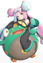 Rule 34 | 1girl, absurdres, aqua hair, ass, asymmetrical bangs, bare shoulders, bellibolt, bent over, bike shorts, black jacket, blunt ends, bow-shaped hair, breasts, character hair ornament, collarbone, creatures (company), game freak, gonzarez, green jacket, green shorts, grin, hair ornament, highres, iono (pokemon), jacket, large breasts, long hair, long sleeves, looking afar, looking at viewer, low-tied long hair, multicolored clothes, multicolored hair, multicolored jacket, nintendo, pink eyes, pink hair, pokemon, pokemon (creature), pokemon masters ex, sharp teeth, shirt, shorts, sideboob, simple background, skindentation, sleeveless, sleeveless shirt, sleeves past fingers, sleeves past wrists, smile, split-color hair, star (symbol), star in eye, symbol in eye, teeth, thigh strap, thighs, two-tone hair, two-tone jacket, v-shaped eyebrows, very long sleeves, white background, wide sleeves, yellow shirt