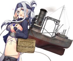 Rule 34 | 10s, 1girl, akasaai, ass, bag, black thighhighs, blue eyes, breasts, chain, cowboy shot, dress, dutch angle, fingerless gloves, from side, gloves, hair between eyes, headband, heart, highres, japanese clothes, kamoi (kancolle), kantai collection, large breasts, looking at viewer, obi, open mouth, panties, sash, short hair with long locks, shoulder bag, side-tie panties, side slit, sideboob, silver hair, simple background, solo, string panties, tabard, thick eyebrows, thighhighs, thighs, underbust, underwear, white background