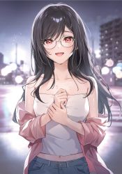 Rule 34 | 1girl, :d, absurdres, bare shoulders, black hair, blurry, blurry background, bokeh, building, crop top, crying, crying with eyes open, denim, depth of field, glasses, grey sky, hair ornament, hands up, highres, holding own wrist, jacket, jeans, long hair, long sleeves, midriff, navel, off shoulder, open clothes, open jacket, open mouth, original, outdoors, pants, pink jacket, red eyes, round eyewear, shirt, sidelocks, sky, sleeveless, sleeveless shirt, smile, solo, strapless, strapless shirt, swept bangs, tears, third-party source, white shirt, x hair ornament, zattape