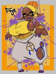 Rule 34 | 1girl, areola slip, bare shoulders, breasts, choker, colored skin, dark-skinned female, dark skin, female focus, frye (splatoon), highres, indian clothes, indian style, large breasts, lipstick, looking at viewer, makeup, midriff, mole, multicolored hair, multicolored skin, navel, nintendo, nipples, ornament, sitting, solo, splatoon (series), splatoon 3, thick thighs, thighs, yellow eyes