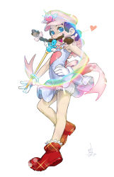 Rule 34 | 1boy, absurdres, adapted costume, bloomers, blue eyes, blush, boots, bow, braid, brown hair, crossdressing, dress, facial hair, frills, gloves, hair bow, hand on own hip, hat, heart, highres, lens flare, magical girl, male focus, mario, mario (series), mustache, open mouth, ribbon, smile, solo, sukinahito, super mario bros. 1, twin braids, underwear, wand