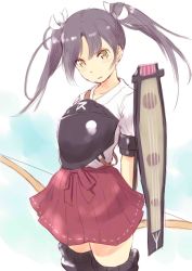 Rule 34 | 10s, 1girl, arms behind back, blush, boots, bow (weapon), grey hair, hair ribbon, highres, japanese clothes, kantai collection, long hair, miko, muneate, ribbon, skirt, smile, solo, thigh boots, thighhighs, twintails, wa (genryusui), weapon, yellow eyes, zuikaku (kancolle)