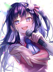 Rule 34 | 1girl, absurdres, ascot, blue ascot, blush, commentary request, detached sleeves, dress, hair ornament, highres, holding, holding microphone, hoshino ai (oshi no ko), idol, kotoha shiki, long hair, microphone, multicolored hair, one side up, open mouth, oshi no ko, pink dress, purple eyes, purple hair, rabbit hair ornament, reaching, reaching towards viewer, signature, simple background, solo, sparkle, star-shaped pupils, star (symbol), star hair ornament, streaked hair, sweat, symbol-shaped pupils