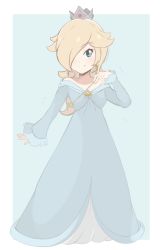 Rule 34 | 1girl, blonde hair, blue background, blue dress, brooch, chocomiru, closed mouth, crown, dress, earrings, full body, hair over one eye, jewelry, long hair, looking at viewer, mario (series), nintendo, one eye covered, rosalina, smile, solo, star (symbol), super mario galaxy, tiara, white background