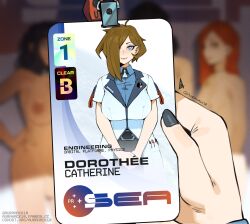 Rule 34 | absurdres, asymmetrical hair, aurahack, belt buckle, black nails, blue eyes, blurry, blurry background, breasts, brown hair, buckle, catherine (aurahack), commentary, depth of field, employee uniform, english commentary, english text, fingernails, hair over one eye, highres, holding, huge breasts, id card, lab coat, lanyard, large breasts, light smile, medium breasts, nail polish, original, pov, pov hands, short hair, solo focus, symbol-shaped pupils, uniform, v arms