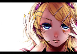 Rule 34 | 1girl, akiakane, arm support, blonde hair, blue eyes, blush, border, close-up, closed mouth, expressionless, eyelashes, face focus, facing viewer, female focus, hair ornament, hairclip, hand support, headphones, highres, kagamine rin, letterboxed, lips, lipstick, looking at viewer, makeup, migikata no chou (vocaloid), nail polish, nose blush, official art, out of frame, parted bangs, portrait, sailor collar, short hair, simple background, solo, swept bangs, vocaloid, white background, yellow nails