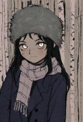Rule 34 | 1girl, black hair, blue coat, chainsaw man, coat, fur hat, hat, io (onisarashi), looking at viewer, mole, mole under eye, muted color, plaid, plaid scarf, santa claus (chainsaw man), scarf, smile, solo, tree, ushanka, winter clothes, winter coat