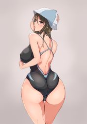 Rule 34 | 10s, ass, bare back, baron (nsbaron), black one-piece swimsuit, blue hat, breasts, brown eyes, brown hair, covered erect nipples, curvy, girls und panzer, hat, large breasts, long hair, looking at viewer, looking back, mika (girls und panzer), one-piece swimsuit, parted lips, pink background, smile, solo, swimsuit, thigh gap, thighs, wide hips
