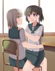 Rule 34 | 10s, 2girls, bad id, bad pixiv id, black hair, blush, brown hair, dacchi, desk, eye contact, green eyes, hair ornament, hands on shoulders, highres, kuraue hinata, looking at another, multiple girls, open mouth, school uniform, short hair, sitting, sitting on lap, sitting on person, skirt, smile, twintails, yama no susume, yukimura aoi, yuri