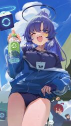 Rule 34 | 2girls, absurdres, black buruma, black shirt, blue archive, blue eyes, blue jacket, blush, bottle, breasts, buruma, cloud, cloudy sky, collarbone, day, drone, facial mark, fang, halo, highres, holding, holding bottle, id card, jacket, lanyard, large breasts, long hair, looking at viewer, mechanical halo, multiple girls, official alternate costume, official alternate hairstyle, one eye closed, open mouth, outdoors, ponytail, purple hair, ritae, shirt, skin fang, sky, smile, star (symbol), sweat, thighs, track jacket, water bottle, yuuka (blue archive), yuuka (track) (blue archive)