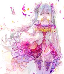 Rule 34 | 1girl, aqua eyes, aqua hair, bug, butterfly, corset, dress, flower, hair ornament, half-closed eyes, hatsune miku, holding, holding own hair, insect, jewelry, long hair, open mouth, petals, puffy short sleeves, puffy sleeves, see-through, short sleeves, smile, solo, thighhighs, tsukioka tsukiho, twintails, very long hair, vocaloid