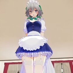 Rule 34 | 1girl, 3d, animated, blue eyes, braid, close-up, clothes lift, curtains, grey hair, indoors, izayoi sakuya, lifting own clothes, looking at viewer, mofumoko5, panties, partially visible vulva, presenting, seductive smile, short hair, skirt, skirt lift, smile, solo, spread legs, squatting, tagme, thighhighs, touhou, underwear, upskirt, video, window