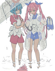 Rule 34 | 2girls, apron, blue eyes, blue hair, blue ribbon, blue shirt, blue shorts, clenched teeth, coat, commentary request, full body, grimace, hair ribbon, hairband, highres, holding, holding shoes, holding umbrella, hood, hood down, hooded coat, long sleeves, looking down, multiple girls, omega ray, omega rio, omega sisters, open clothes, open coat, open mouth, parted lips, pink hair, puffy short sleeves, puffy sleeves, red hairband, red ribbon, red shirt, red shorts, reflection, reflective water, ribbon, shirt, shoes, short hair, short sleeves, shorts, siblings, simple background, sisters, standing, tamo (gaikogaigaiko), teeth, transparent, transparent raincoat, transparent umbrella, twintails, umbrella, virtual youtuber, wading, water, wet, wet clothes, white apron, white background, yellow eyes