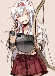 Rule 34 | 10s, 1girl, ^ ^, bandages, blood, bow (weapon), closed eyes, hairband, kantai collection, muneate, nochita shin, open mouth, shoukaku (kancolle), skirt, smile, solo, torn clothes, weapon, white hair