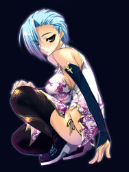 Rule 34 | blue hair, brown eyes, china dress, chinese clothes, detached sleeves, dress, non-web source, short hair, solo, squatting, thighhighs