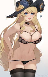 Rule 34 | 1girl, :d, bare shoulders, black hat, black panties, black thighhighs, blonde hair, blue eyes, bra, breasts, collarbone, commentary, cowboy shot, english commentary, genshin impact, hat, hat ornament, highres, hioyami, large breasts, long hair, looking at viewer, navel, navia (genshin impact), open mouth, panties, patreon username, simple background, smile, solo, stomach, thighhighs, thighs, underwear, white background