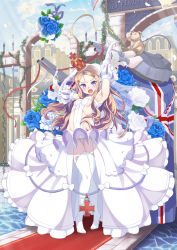 Rule 34 | 1girl, absurdres, alicia (schrdingerscat), armpits, azur lane, blonde hair, blue eyes, blush, boots, bouquet, breasts, bridal veil, cameltoe, covered navel, crown, dress, elbow gloves, fang, floating hair, flower, gloves, high heel boots, high heels, highres, long hair, looking at viewer, open mouth, queen elizabeth (azur lane), small breasts, smile, solo, standing, stuffed animal, stuffed toy, teddy bear, thigh boots, thighhighs, veil, wedding dress, white footwear, white gloves, white thighhighs
