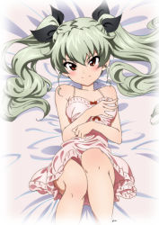 Rule 34 | 10s, 1girl, anchovy (girls und panzer), anchovy (girls und panzer), barefoot, bed, black ribbon, blush, breasts, brown eyes, cwind, dress, drill hair, girls und panzer, green hair, hair ornament, highres, long hair, looking at viewer, lying, on back, red eyes, ribbon, smile, solo, sweater, sweater dress, twin drills, twintails