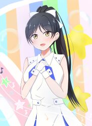 Rule 34 | 1girl, absurdres, bare shoulders, birthday, black hair, hair ribbon, hazuki ren, highres, idol, looking at viewer, love live!, love live! superstar!!, matcha 427, open mouth, ponytail, ribbon, smile, solo, wish song, yellow eyes