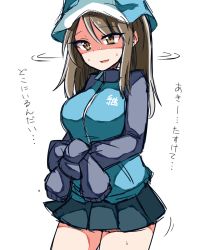 Rule 34 | 10s, 1girl, blue hat, bound, bound wrists, breasts, brown eyes, brown hair, girls und panzer, hat, highres, himiya jouzu, jacket, large breasts, long hair, long sleeves, mika (girls und panzer), miniskirt, pleated skirt, shaded face, simple background, sketch, skirt, solo, sweat, tied up, track jacket, translated, white background