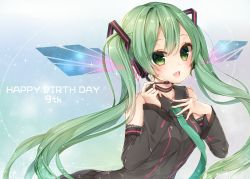 Rule 34 | 1girl, bare shoulders, black choker, black neckwear, black shirt, black skirt, black sleeves, blush, breasts, choker, collared shirt, commentary, commentary request, detached sleeves, green eyes, green hair, hair ornament, hands on own chest, hatsune miku, headphones, headset, jewelry, long hair, long sleeves, looking at viewer, medium breasts, open mouth, pleated skirt, ripu (sherypton), shirt, skirt, sleeveless, sleeveless shirt, sleeves past wrists, solo, sparkle, twintails, upper body, very long hair, vocaloid, wide sleeves