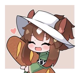 Rule 34 | 1girl, :d, ^ ^, animal ears, arknights, baguette, blush, bread, brown background, brown hair, chibi, closed eyes, commentary, ears through headwear, english commentary, facing viewer, food, green jacket, heart, jacket, kurotofu, long hair, meteor (arknights), meteor (bard&#039;s holiday) (arknights), multicolored hair, hugging object, open mouth, outline, ponytail, smile, solo, two-tone background, two-tone hair, upper body, white background, white hair, white headwear, white outline
