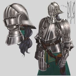 Rule 34 | 1girl, armor, black hair, breastplate, chainmail, covered face, female focus, female knight, hat, helmet, highres, knight, metal nick, original, pauldrons, plate armor, scabbard, sheath, shoulder armor, simple background, solo