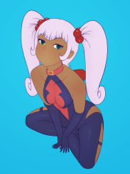 Rule 34 | 1girl, babyserval, bare shoulders, blue background, blunt bangs, blush, bodysuit, breasts, closed mouth, clothing cutout, collar, collarbone, dark-skinned female, dark skin, demon girl, demon wings, elbow gloves, female focus, flat color, from above, full body, glenda (puchi puri yucie), gloves, green eyes, hair bobbles, hair ornament, half-closed eyes, high heels, highres, hip vent, indian style, light blush, long hair, looking at viewer, looking up, mini wings, own hands together, puchi puri yucie, purple bodysuit, purple gloves, purple hair, red wings, sidelocks, simple background, sitting, skin tight, sleeveless, sleeveless bodysuit, small breasts, solo, thigh cutout, twintails, v-shaped eyebrows, v arms, wings