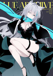 Rule 34 | 1girl, ahoge, animal ear fluff, animal ears, aqua eyes, black dress, black footwear, black gloves, black halo, black panties, blue archive, blue scarf, breasts, broken halo, character name, cleavage, closed mouth, commentary, copyright name, dress, floating, gloves, grey background, grey hair, hair between eyes, hair intakes, halo, hands up, high heels, highres, large breasts, long hair, long sleeves, looking at viewer, mismatched pupils, ohara tometa, panties, scarf, shiroko (blue archive), shiroko terror (blue archive), simple background, solo, text background, thigh strap, thighs, underwear, wide sleeves, wolf ears, wolf girl