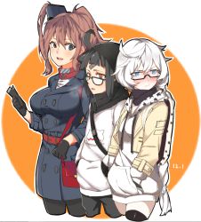 Rule 34 | 10s, 3girls, abyssal ship, ahoge, alternate costume, asymmetrical hair, bad id, bad pixiv id, black coat, black gloves, black hair, black legwear, blue eyes, blush, breast pocket, breasts, brown hair, casual, character request, coat, commentary request, embarrassed, female admiral (kancolle), glasses, gloves, hair between eyes, height difference, kantai collection, large breasts, looking at another, multiple girls, neckerchief, open mouth, pantyhose, pocket, ponytail, red eyes, red legwear, red neckerchief, remodel (kantai collection), saratoga (kancolle), semi-rimless eyewear, side ponytail, supply depot princess, thighhighs, white hair, wulazula