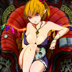 Rule 34 | 1girl, :q, alternate breast size, armchair, blonde hair, book, breasts, chair, cleavage, earrings, female focus, flandre scarlet, gem, highres, jewelry, large breasts, md5 mismatch, nail polish, aged up, pointy ears, ponytail, red eyes, red nails, red upholstery, reri, short hair, side ponytail, sitting, skull, solo, tongue, tongue out, touhou