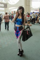 Rule 34 | 1girl, artist request, ashlynne dae, bag, black hair, bodysuit, breasts, cameltoe, cleavage, convention, cosplay, cosplay request, d.va (overwatch), d.va (overwatch) (cosplay), glowstick, headphones, navel, overwatch, photo (medium), real life, solo, source request