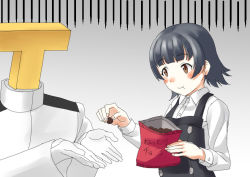Rule 34 | 1boy, 1girl, arare (kancolle), black hair, brown eyes, chocolate, commentary request, dress, feeding, grey background, kantai collection, mayura (lucadia), military, military uniform, naval uniform, one-hour drawing challenge, pinafore dress, shirt, short hair, sleeveless, sleeveless dress, t-head admiral, uniform, upper body, white shirt
