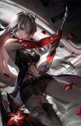 Rule 34 | 1girl, acheron (honkai: star rail), az&#039;ruler, bare shoulders, belt, black belt, black choker, black coat, black hole, black shirt, black shorts, blood, bloody tears, boots, breasts, bright pupils, choker, chromatic aberration, cleavage, closed mouth, coat, coattails, colored extremities, commentary, crop top, drawing sword, dutch angle, english commentary, flower, full body, glowing, glowing sword, glowing weapon, hair ornament, hair over one eye, highres, holding, holding sword, holding weapon, honkai: star rail, honkai (series), katana, large breasts, leg tattoo, long hair, looking ahead, midriff, navel, official alternate color, red eyes, red flower, red hands, red petals, scabbard, sheath, shirt, shorts, signature, single thigh boot, solo, sword, tattoo, thigh boots, thighs, unsheathing, very long hair, weapon, white hair, white pupils