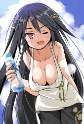Rule 34 | 1girl, ;d, bare shoulders, black hair, black pants, blue sky, breasts, cleavage, collarbone, from below, hair ornament, hairclip, long hair, looking at viewer, medium breasts, one eye closed, open mouth, oshiro project:re, oshiro project:re, outdoors, pants, ramune, red eyes, shirt, sky, sleeveless, sleeveless shirt, smile, solo, sunpu (oshiro project), tsuzuri (tuzuri), very long hair, white shirt