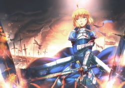 Rule 34 | 1girl, ahoge, armor, armored dress, artoria pendragon (all), artoria pendragon (fate), bad id, bad pixiv id, battlefield, blonde hair, blood, blood on face, bloody weapon, blue ribbon, fate (series), female knight, flag, glowing, gradient background, green eyes, hair ribbon, heat, highres, injury, knight, planted, planted sword, planted weapon, puffy sleeves, ribbon, saber (fate), siqi (miharuu), sky, smoke, solo, sword, torn clothes, weapon