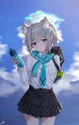 Rule 34 | 1girl, absurdres, alternate costume, alternate hairstyle, animal ears, bag, blue archive, blue eyes, blue scarf, blue sky, bottle, cloud, cloudy sky, collared shirt, commentary, english commentary, feint721, gloves, green gloves, grey hair, hair between eyes, halo, highres, holding, holding bottle, long sleeves, looking at viewer, medium hair, mismatched pupils, necktie, parted lips, plaid, plaid skirt, pleated skirt, ponytail, scarf, school bag, school uniform, shiroko (blue archive), shirt, shoulder bag, sidelocks, single glove, skirt, sky, solo, wolf ears, wolf girl