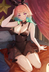 Rule 34 | 1girl, absurdres, animal ears, bed, bed sheet, black collar, black dress, blanket, blush, breasts, cleavage, collar, detached collar, dress, earrings, fake animal ears, feather earrings, feathers, gradient hair, green hair, highres, hololive, hololive english, jewelry, large breasts, long hair, looking at viewer, multicolored hair, on bed, orange hair, pillow, purple eyes, rabbit ears, smile, solo, takanashi kiara, virtual youtuber, yellow glasses (odivichno)