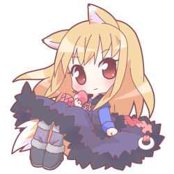 Rule 34 | 00s, 1girl, animal ears, apple, chibi, food, fruit, holding, holding food, holding fruit, holo, mirai (sugar), solo, spice and wolf, tail, wolf ears, wolf tail