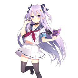 Rule 34 | 1girl, black thighhighs, blush, book, choker, hair ornament, hair ribbon, holding, holding book, holding pen, light purple hair, loafers, long hair, miss barbara, neckerchief, official art, pen, pleated skirt, pointy ears, purple eyes, red neckerchief, ribbon, school uniform, shoes, skirt, solo, thighhighs, transparent background, two side up, uchi no hime-sama ga ichiban kawaii